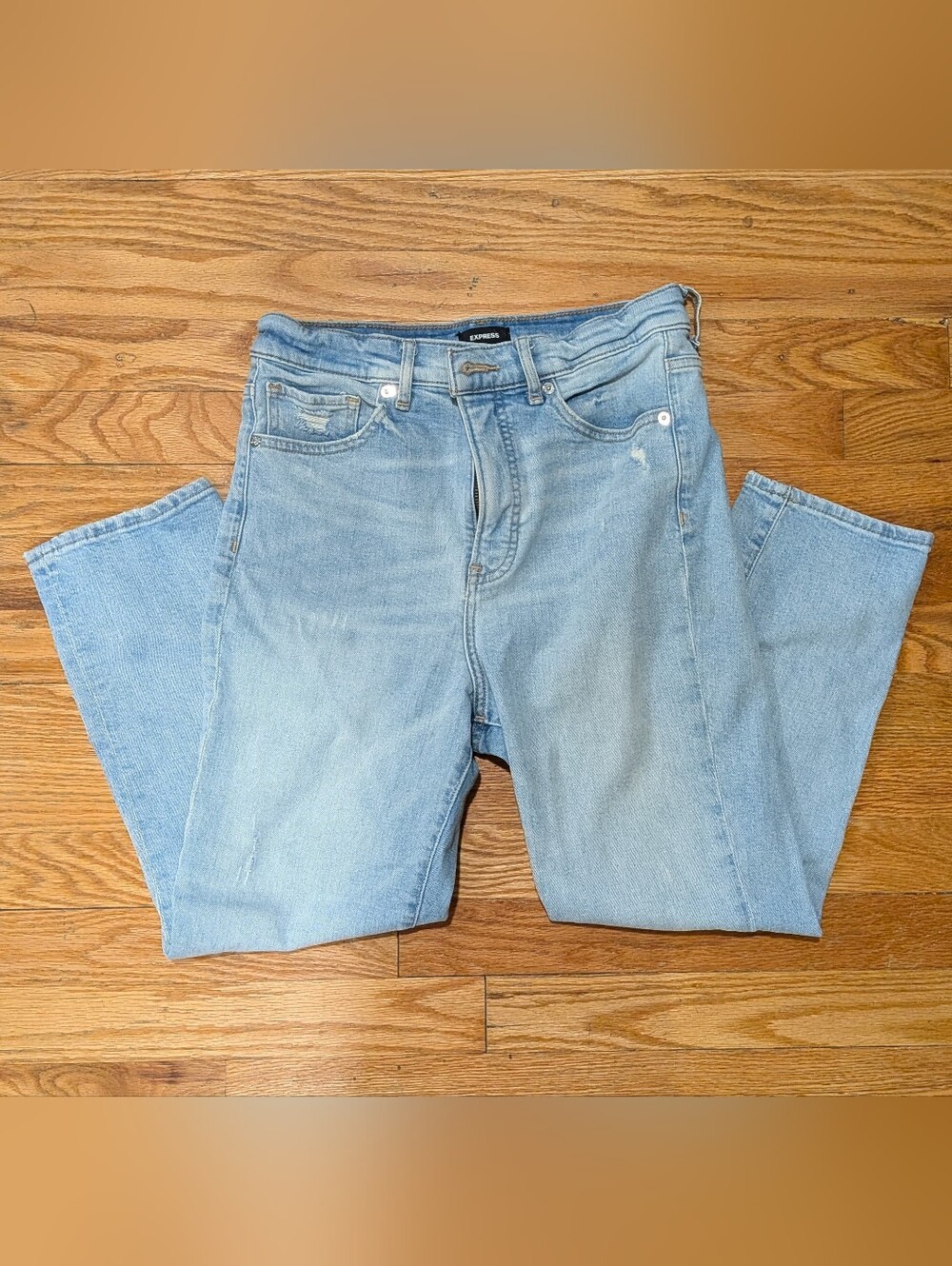 Express Short Super High Rise Slim Light Wash Jeans